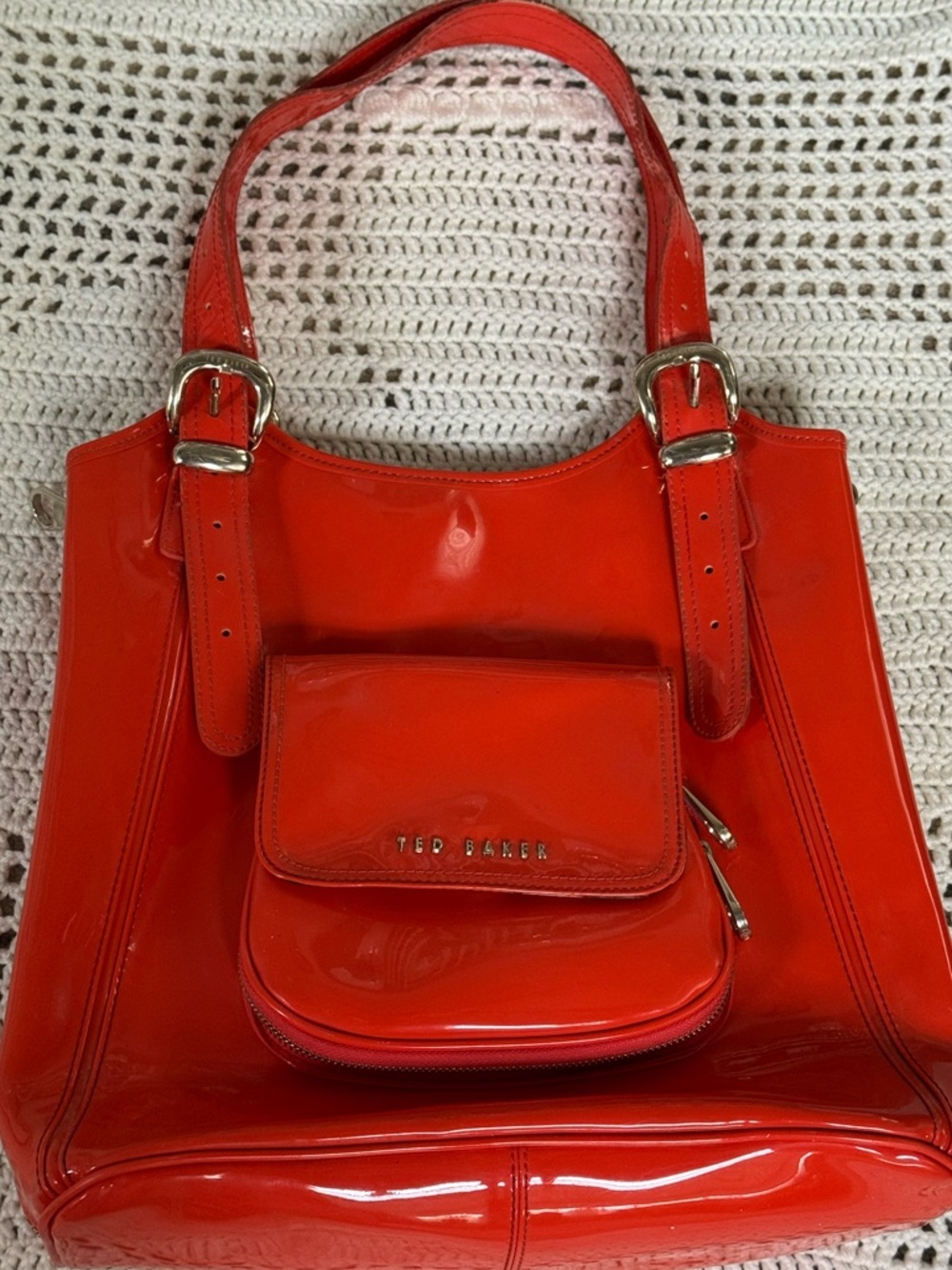 Ted Baker Coral Red Patent Shoulder Bag with Front Pocket
